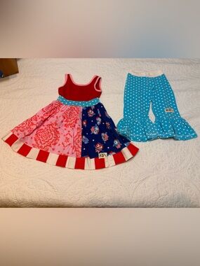 Vintage KPea Original Patriotic Owl and Damask Twirl Dress Set